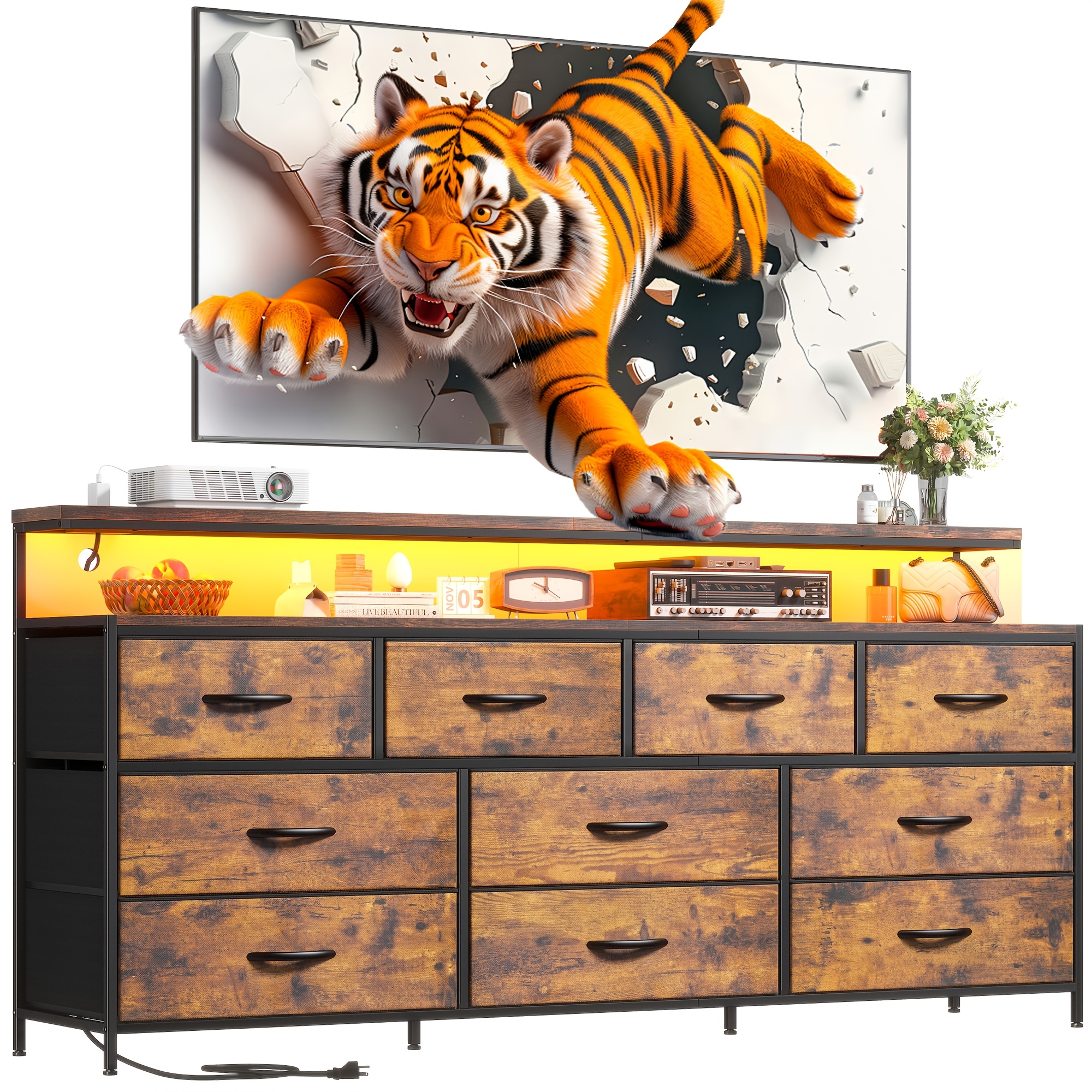 TEMU 55" Wide Dresser With Station & Led - Heavy-duty Metal Frame & Wood Stand Dresser Suitable For 65" Tvs, 10-drawer With Mesh Doors, Adjustable Feet, Rustic Brown ()