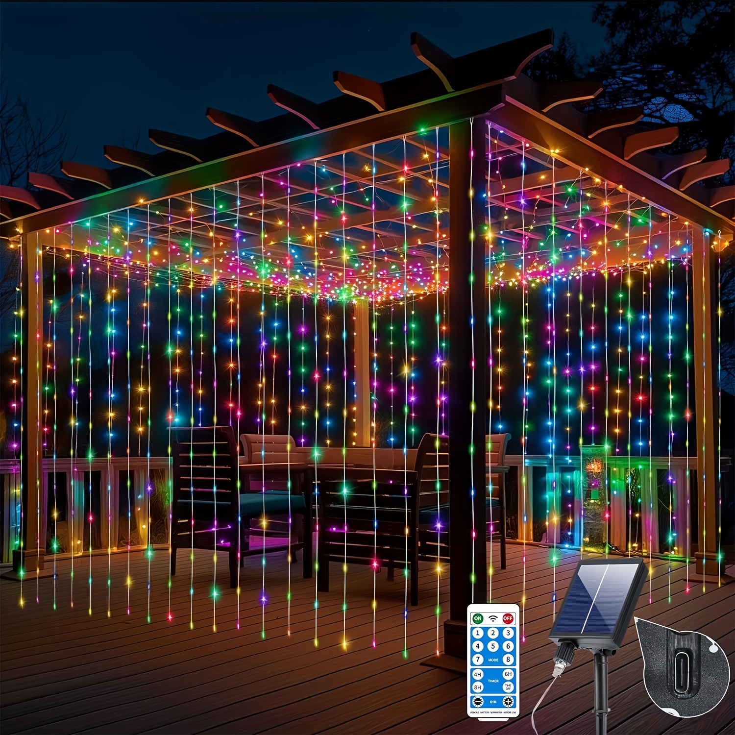 

Solar Curtains Outdoor 600 Led Waterfall Fairy Light With 8 Remote C Charging Dimming Timer Flash Christmas Party Wedding Balcony Window Decoration Decoration Flashing Fairy Light