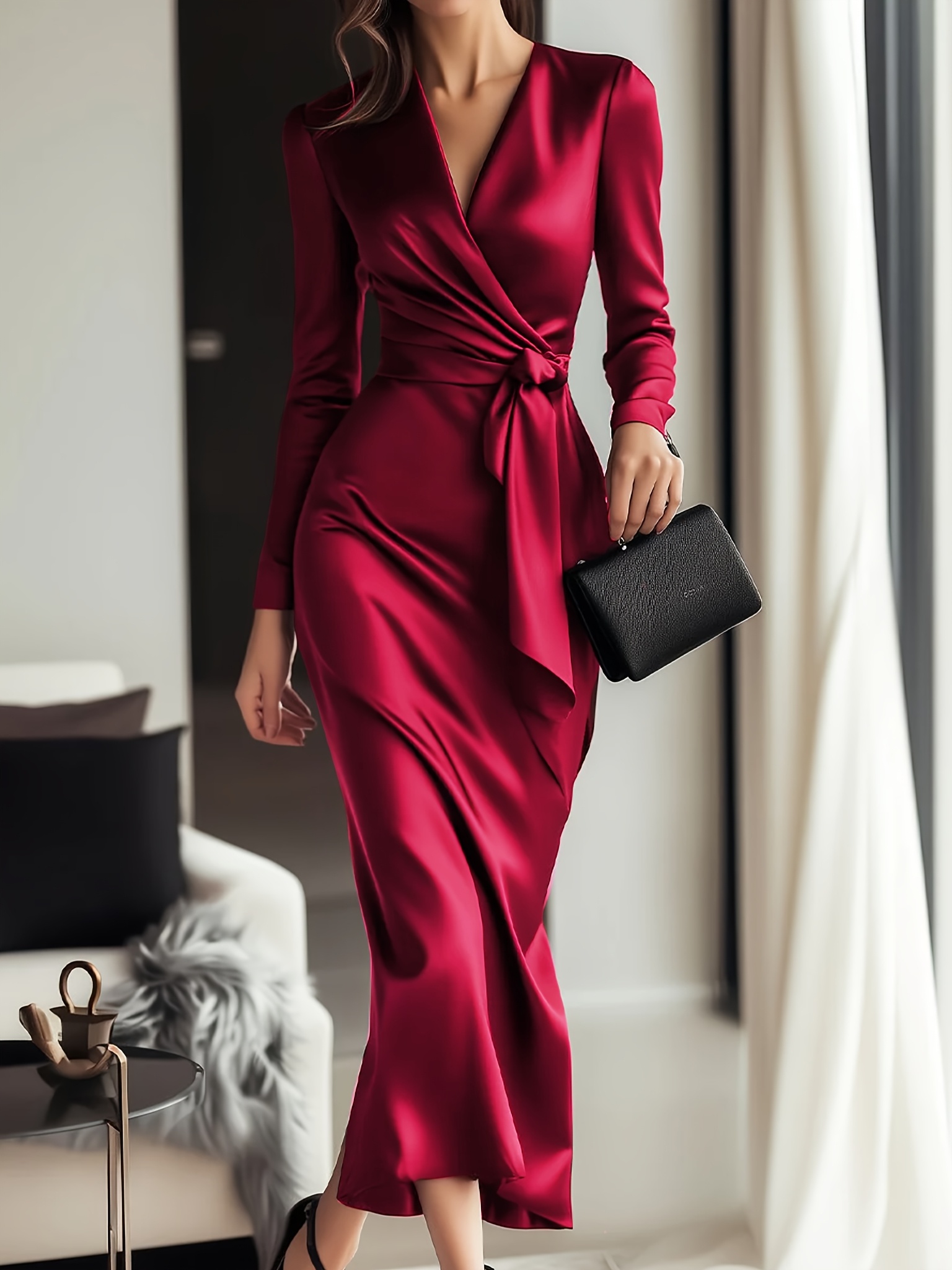 open lace back dress Zayda Red High Slit Corset Satin Gown main image 0