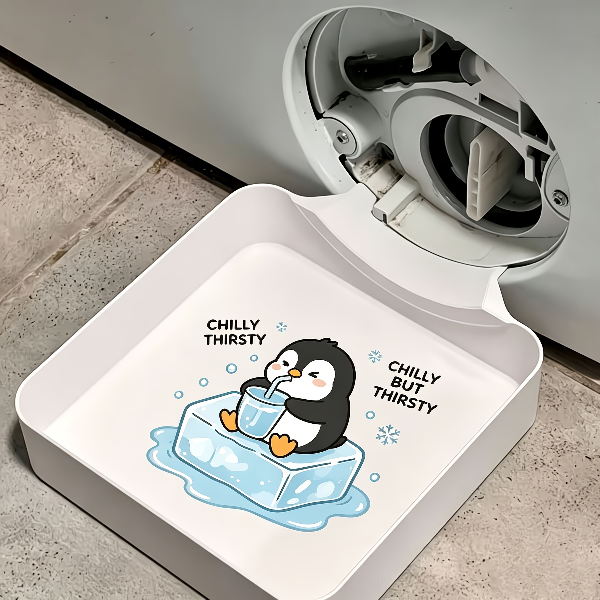 A Washing Machine Drain Hose Drip Tray With A Penguin Pattern, Preventing Leaks And Dirt Contamination, Essential For Cleaning And Maintenance, Practical And Durable