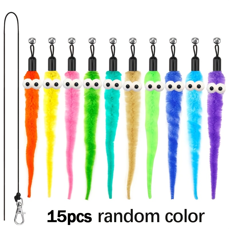 TEMU 15pcs Cat Worm Toy For Cats, Cat Wand Toy Accessories, Cat Feather Toy Attachments Replacements, And Black String For Cat Fishing Pole Toy,