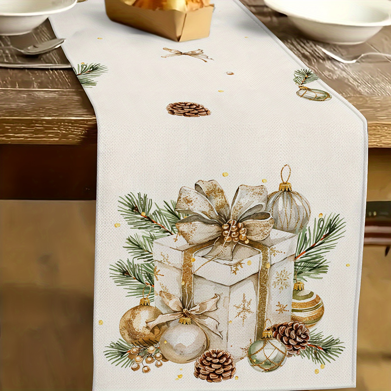 

Vintage Santa Claus And Reindeer Linen Table Runner - 1pc, Christmas Decorations For Home, Seasonal Indoor Outdoor Party Supply