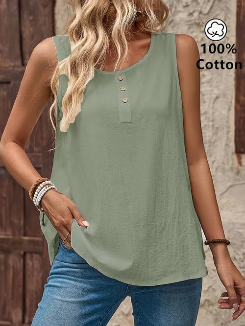 elegant sleeveless crew neck vest 100 solid color button details lightweight non stretch fabric breathable comfortable fashionable top for layering
