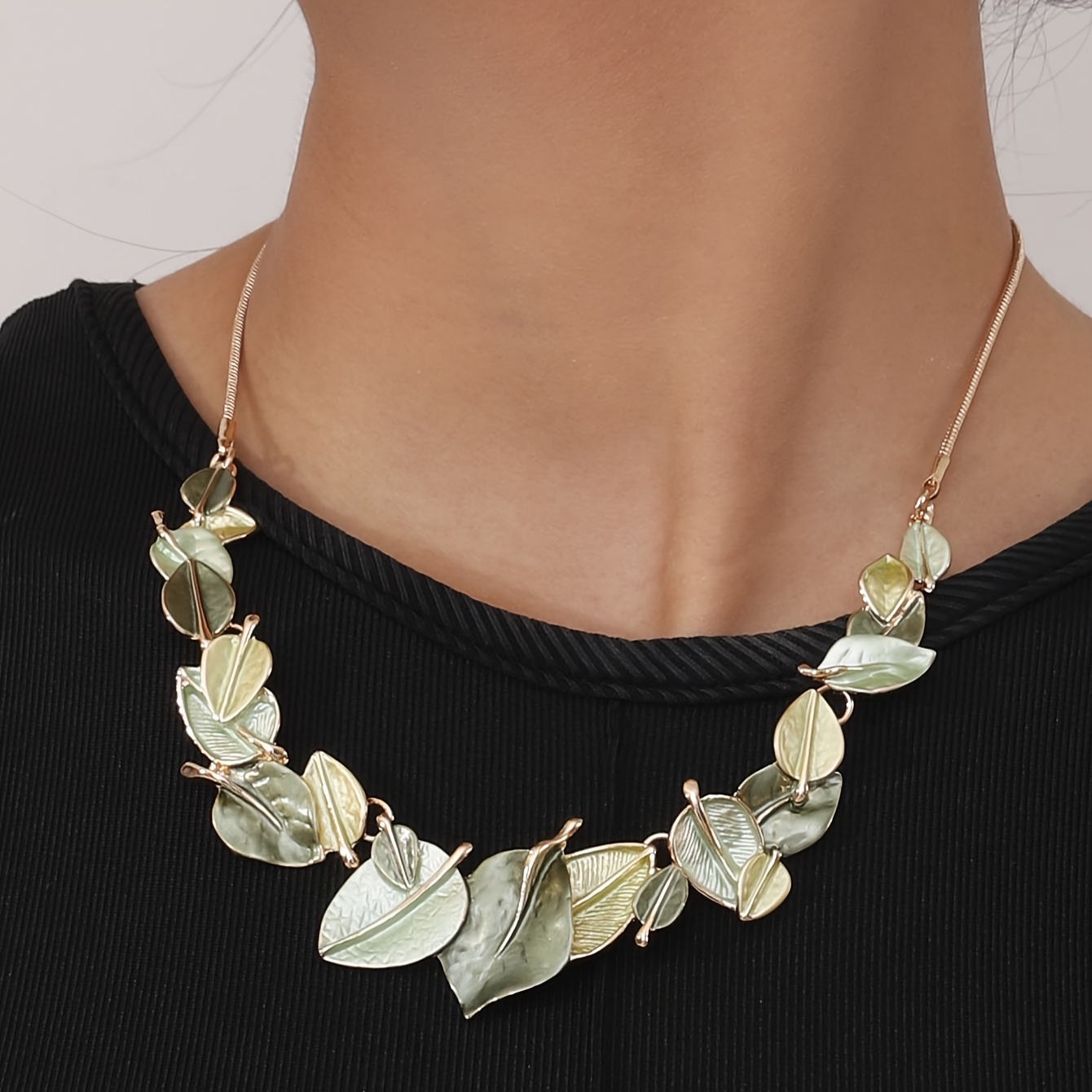 Green Leaf Necklace & Earring Set Bohemian Style
