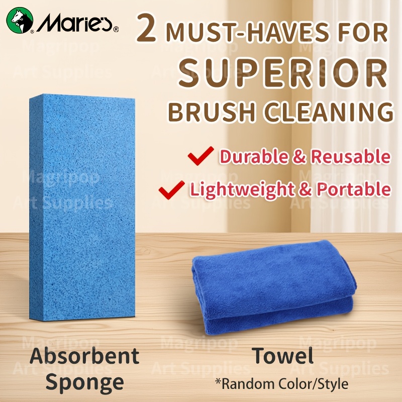 Marie's Multi-Use Paint Brush Cleaner Set 3pcs, Paint Brush Holder and Organizers with Towel & Absorbent Sponge for Acrylic, Watercolor, and Water-Based Paints, Artists & Adults Painting Supplies, Perfect Gift for Birthday, Easter, Valentine's Day &