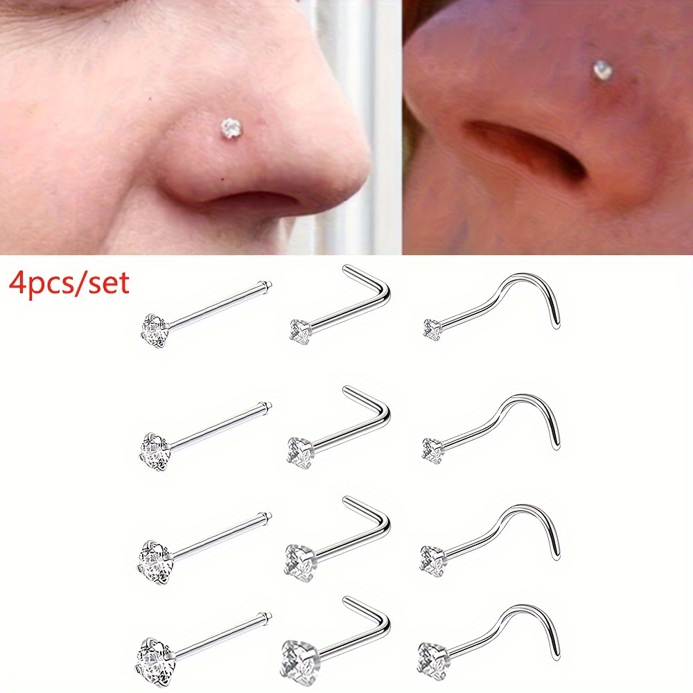 

4 Sets Of Straight Rod L Rod S Rod Stainless Steel Non-fading Nose Nail Nose Ring Set For Men And Women Tiny Zircon Inlaid