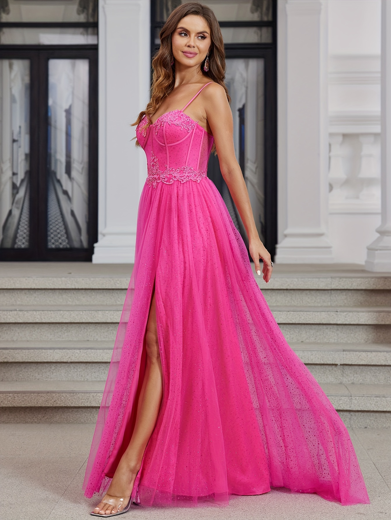 Sparkly Tulle Prom Dresses Long With High Slit Sweetheart Spaghetti Strap  Formal Lace Evenving Gown For Teens With Bown Ball Gowns Floor Length