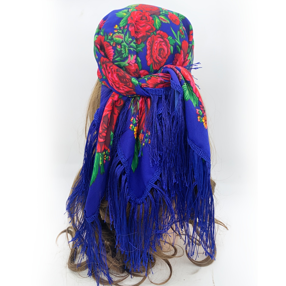 E-shop Böhmisches Vintage Fransen-Kopftuch Schal - Blumenmuster mit Fransenbesatz, Atmungsaktiv, Geeignet für Festivals, Hochzeiten, Freizeitkleidung -