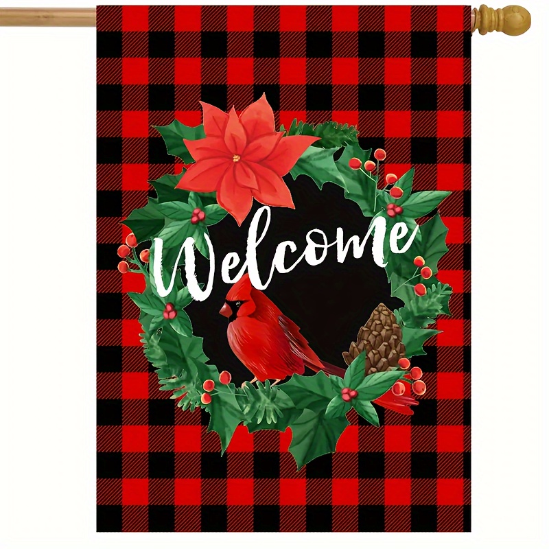 

1pc, House Flag, Double Sided Buffalo Check Plaid Wreath Welcome Garden Flag, Rustic Yard Decorations, Chrismas Holiday Winter Outdoor Flag, Home Decor, Outdoor Decor, Yard Decor, Garden Decorations