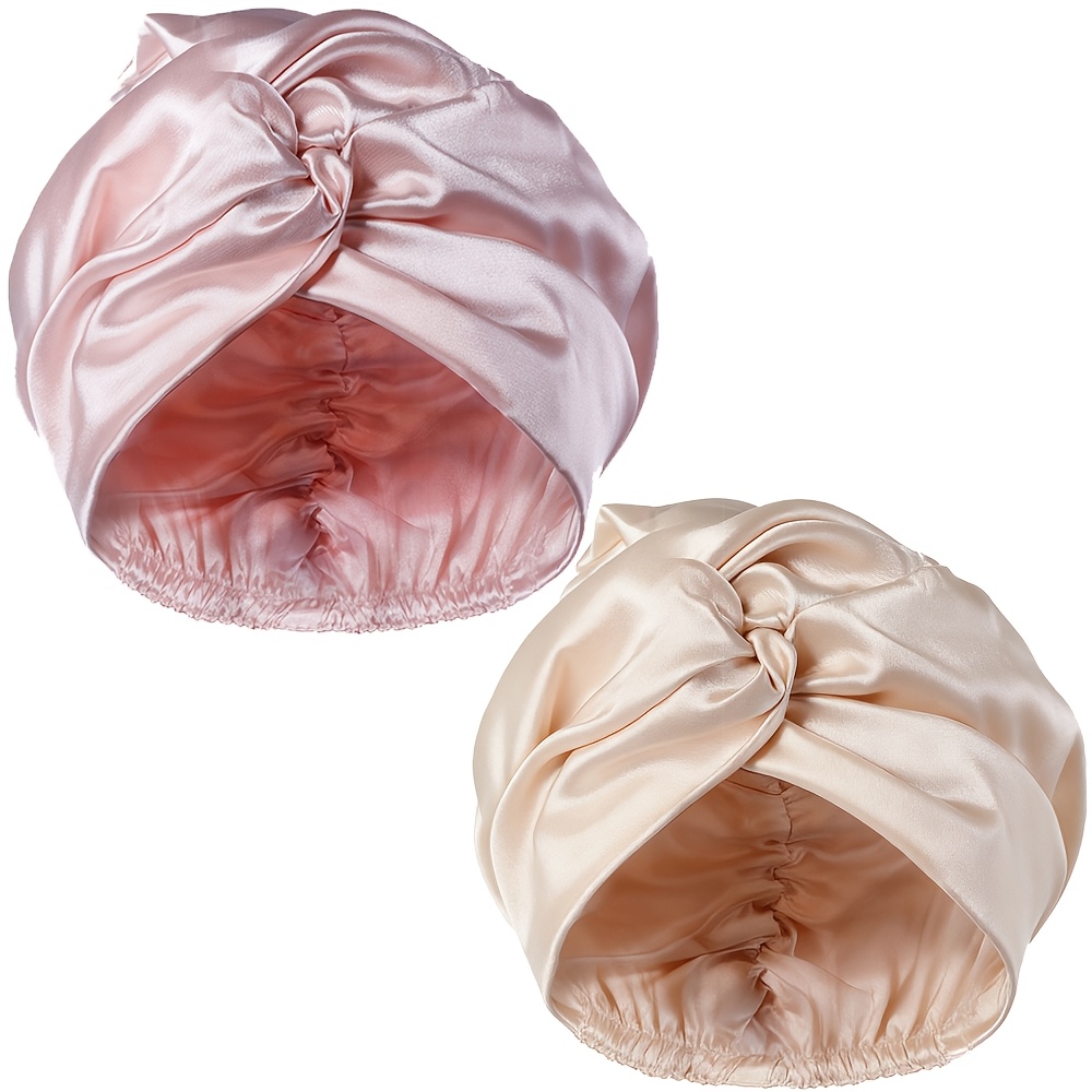 TEMU 2 paires de bonnets de nuit doux en satin, protège-cheveux croisés pour femme avec élastique, bonnets de beauté en tissu double épaisseur