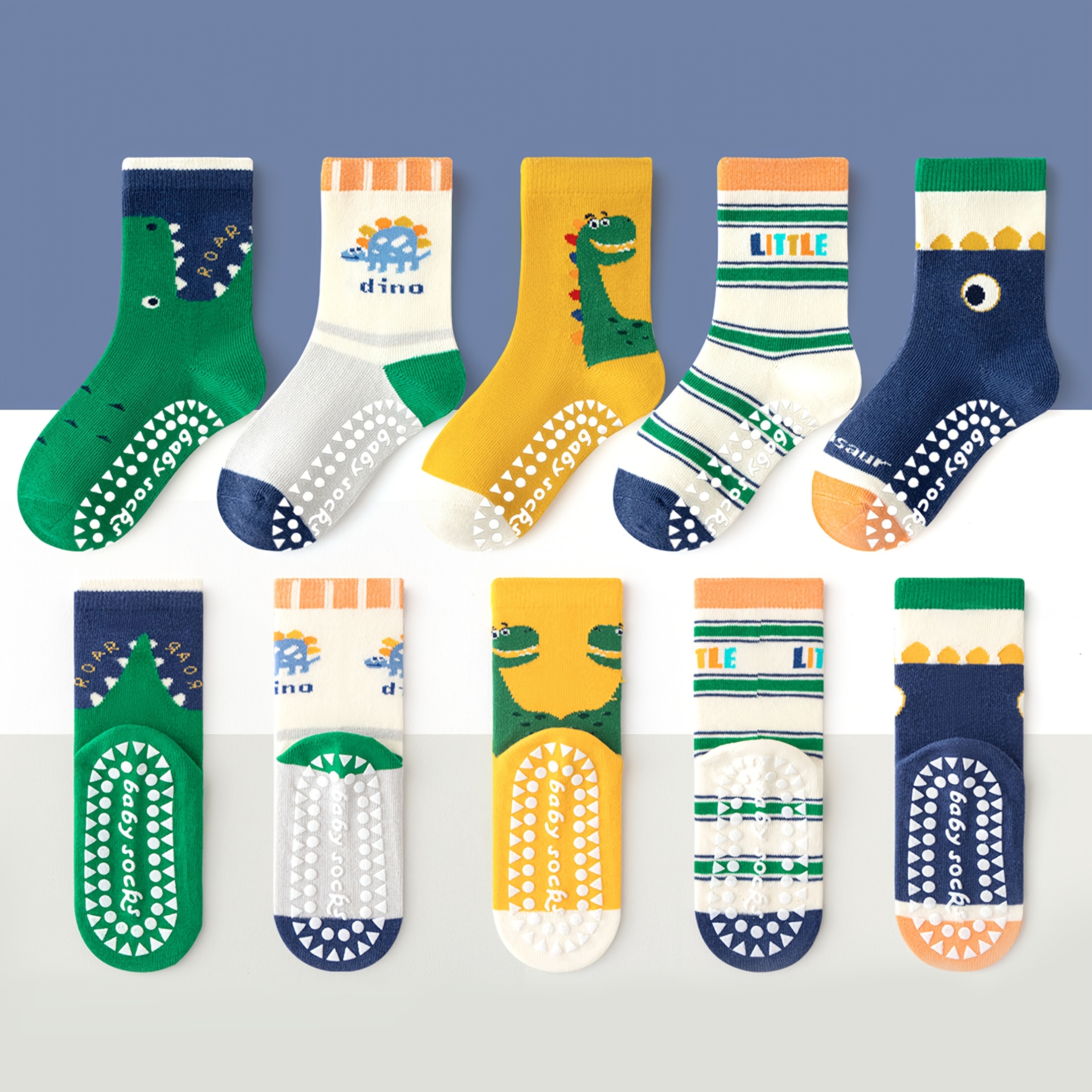 E-shop 5 Paar Kinder-Bodensocken mit Buchstaben-, Streifen- Punkt-Kleber-Cartoon-Großauge-Dinosaurier-Muster, für Jungen, Mädchen, Babys Kleinkinder,