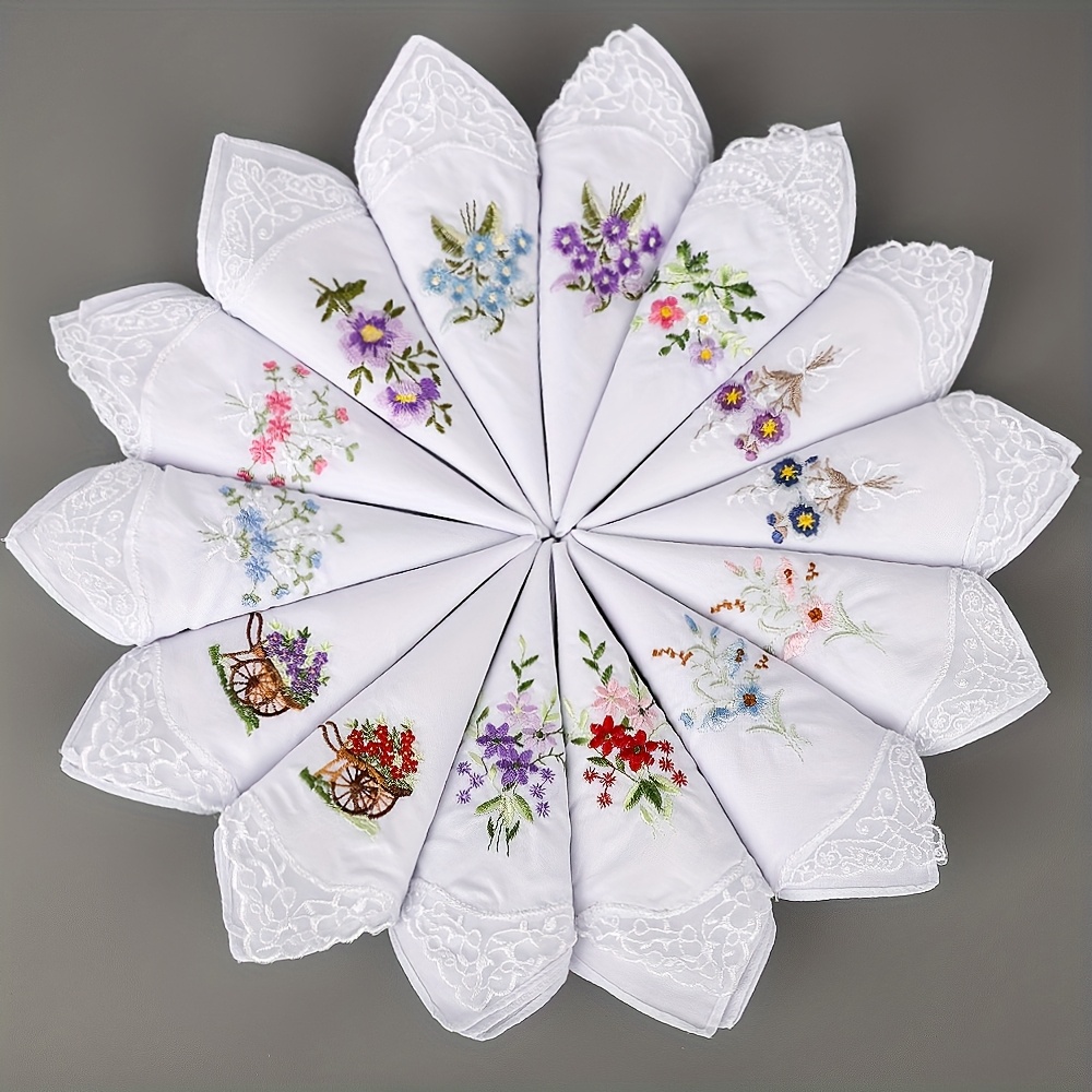 TEMU 10pcs Of Handkerchiefs For Men, Women, And, Soft And Comfortable, 11-inch White Embroidered Square Handkerchiefs, Elegant Lace Handkerchiefs