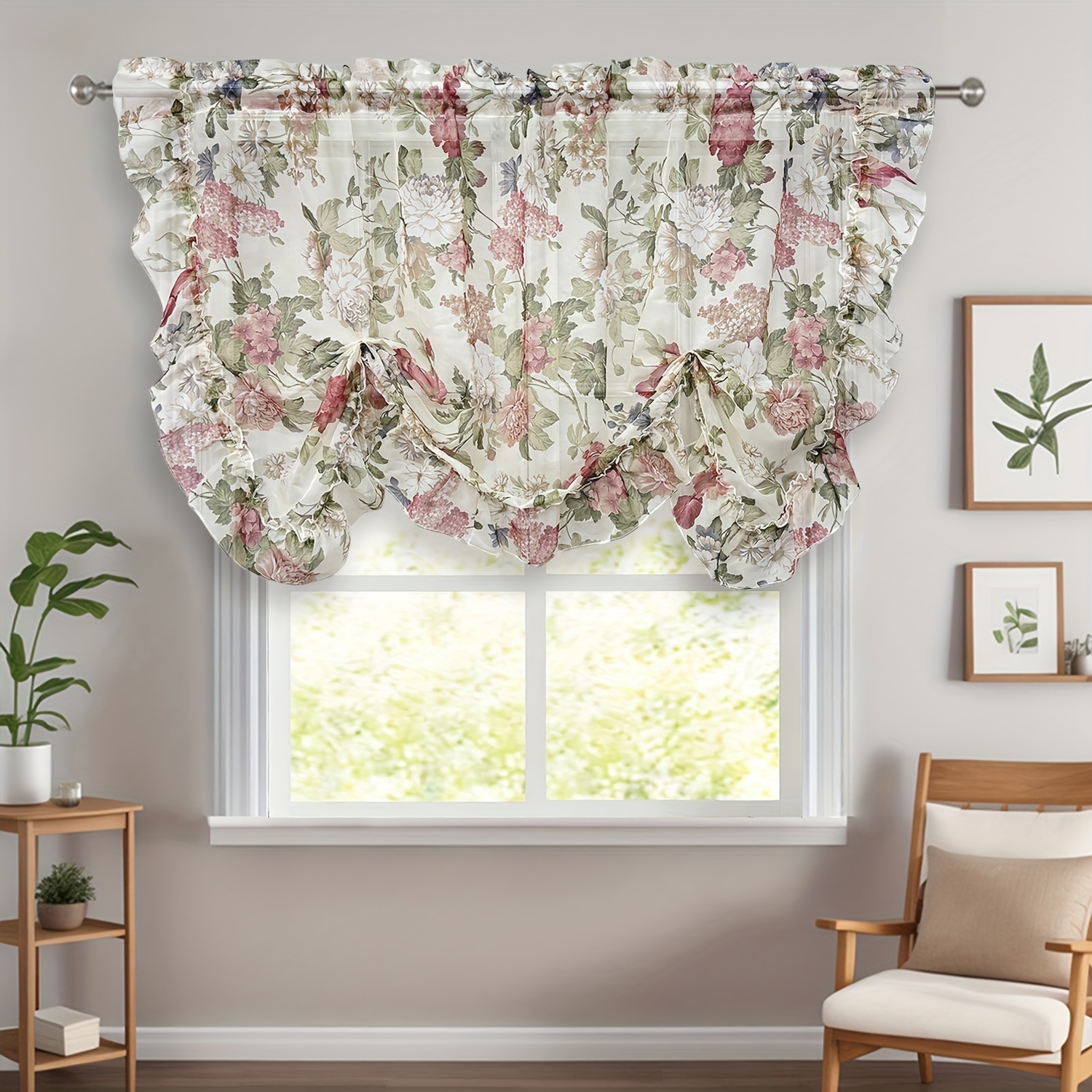 

1pc Vintage Floral Sheer Curtain - Romantic Ruffle Lace , Semi-transparent Polyester With For Bedroom & Cafe, Rod , 59in Wide, Curtains For Living Room, Ai Fish