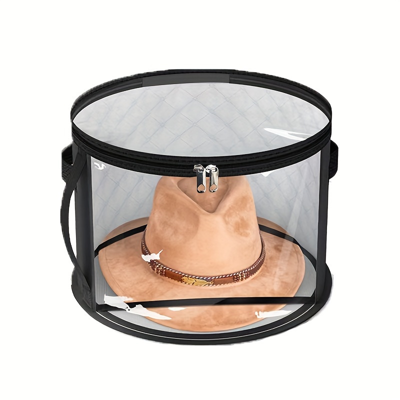 TEMU 1pc New Transparent & Hat Storage Box, Stackable Round Brim Hat Organizer, Beach Hat Storage Bag, Portable With Handle, Clothes Storage Basket