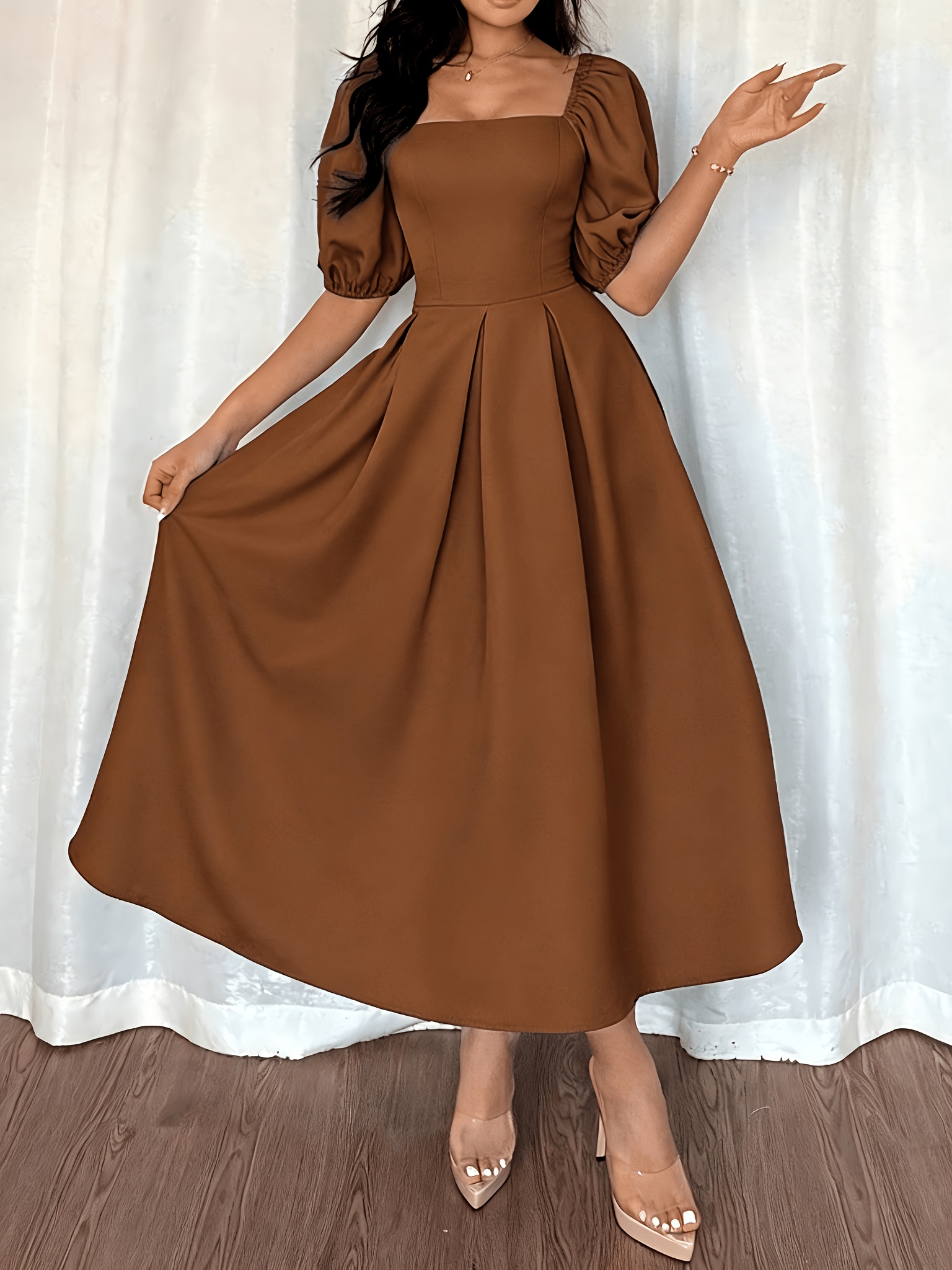 womens summer dress square neck puff sleeve elegant dress - Temu United  Arab Emirates