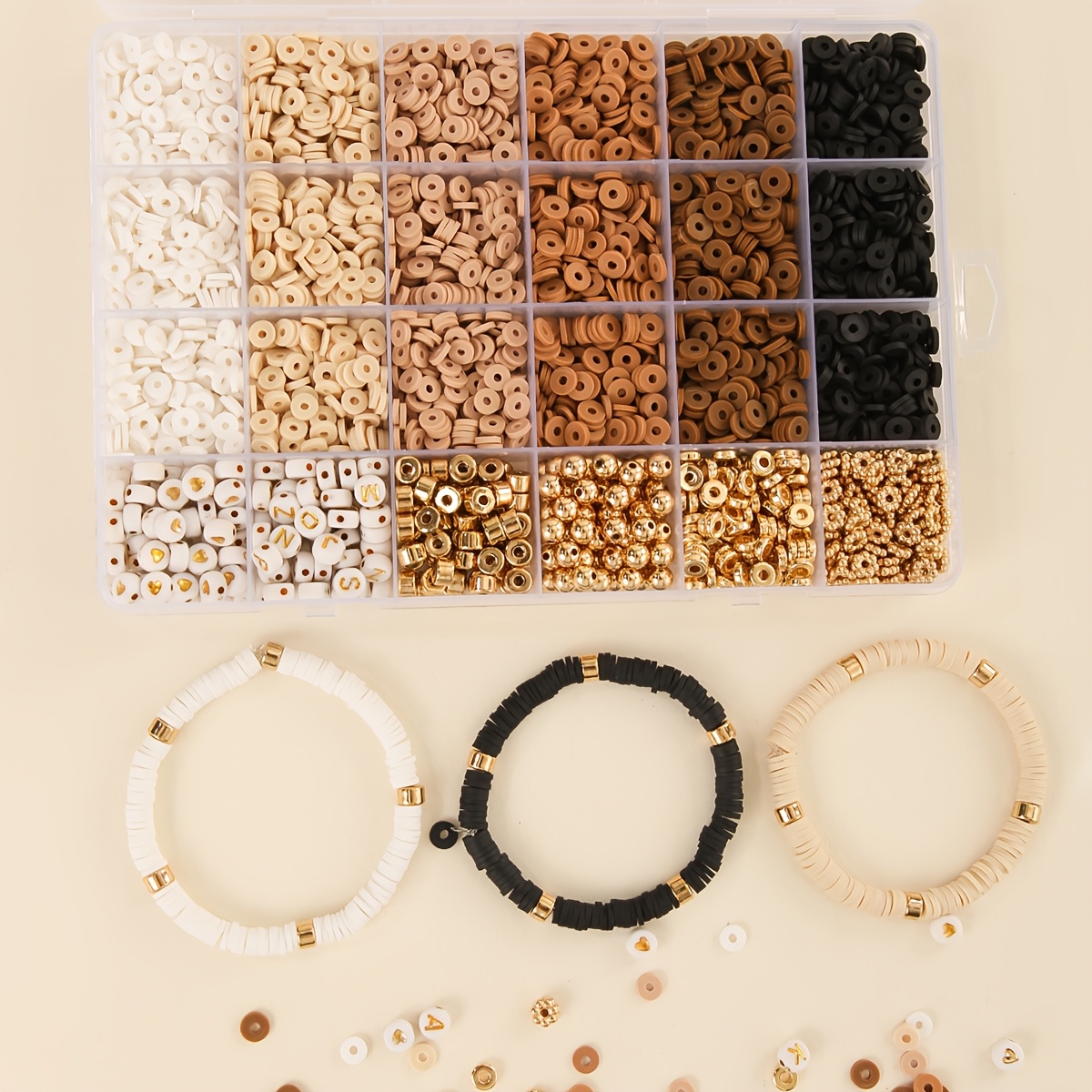 TEMU Kit de 2600 Perles en Pâte Polymère Boho Chic, 24 Styles avec Alphabet, pour la Fabrication de Bracelets & Bijoux DIY - Ensemble d'Artisanat