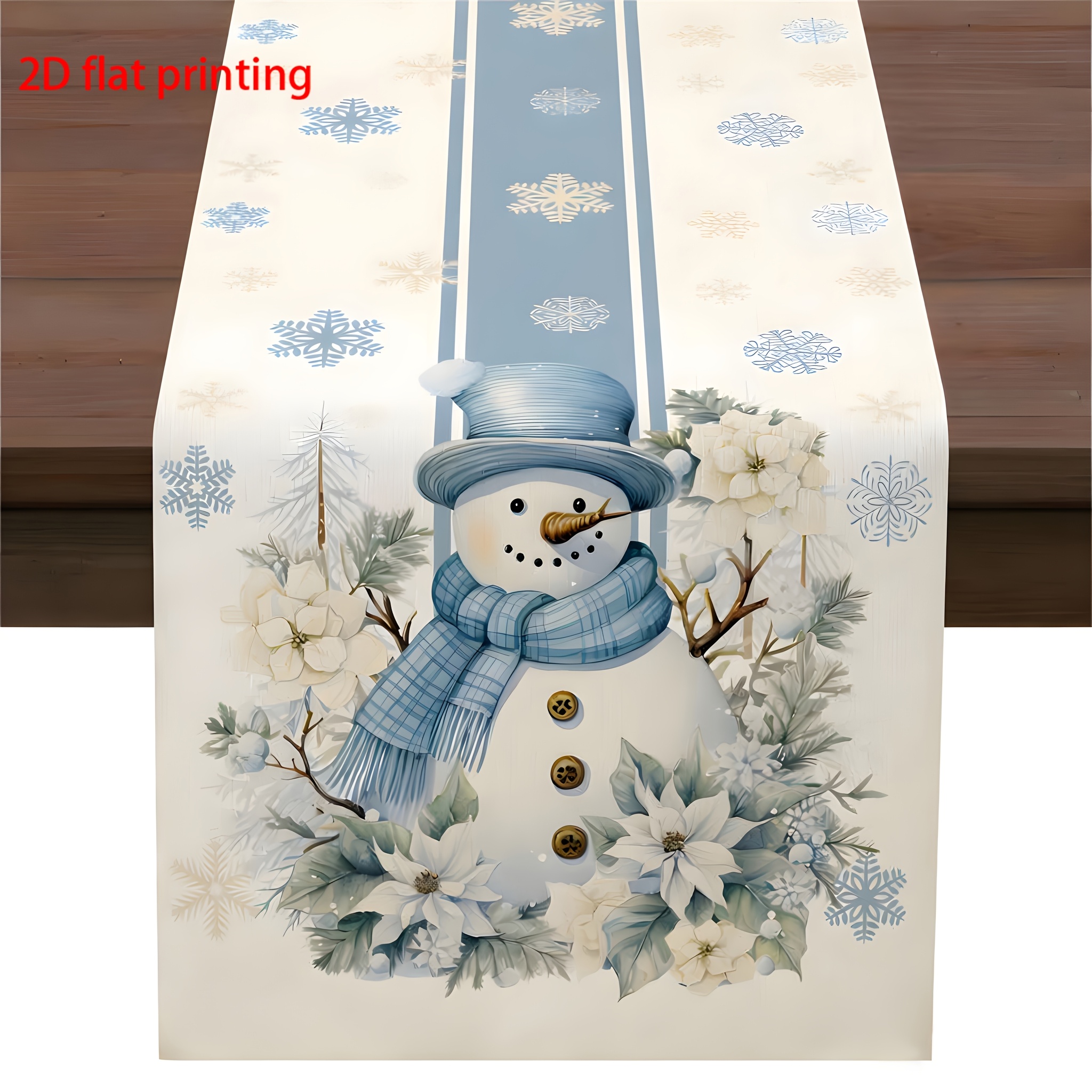TEMU 1 pièce Nappe de Noël à rayures bleues avec de neige, fleurs et feuilles, idéale pour décoration de cuisine, salle à manger ou fête