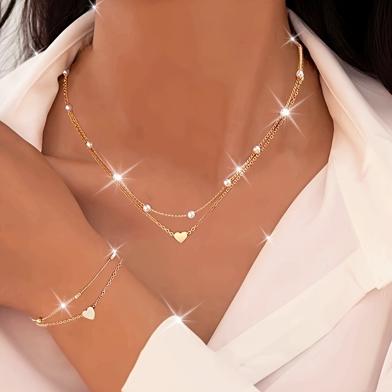 Silver Gold Rose Gold Plated Heart Charm Necklace & Bracelet Set – Chunky Stainless Steel Chain, Toggle Closure, Jewelry Gift For Women - View #5