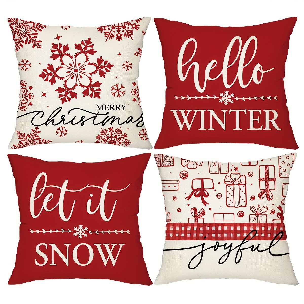 TEMU 4pcs Vintage Christmas Throw Pillow Covers, 18x18 Inch, Red Merry Christmas & Festive Prints, Zipper Closure, Hand Wash Only, Polyester