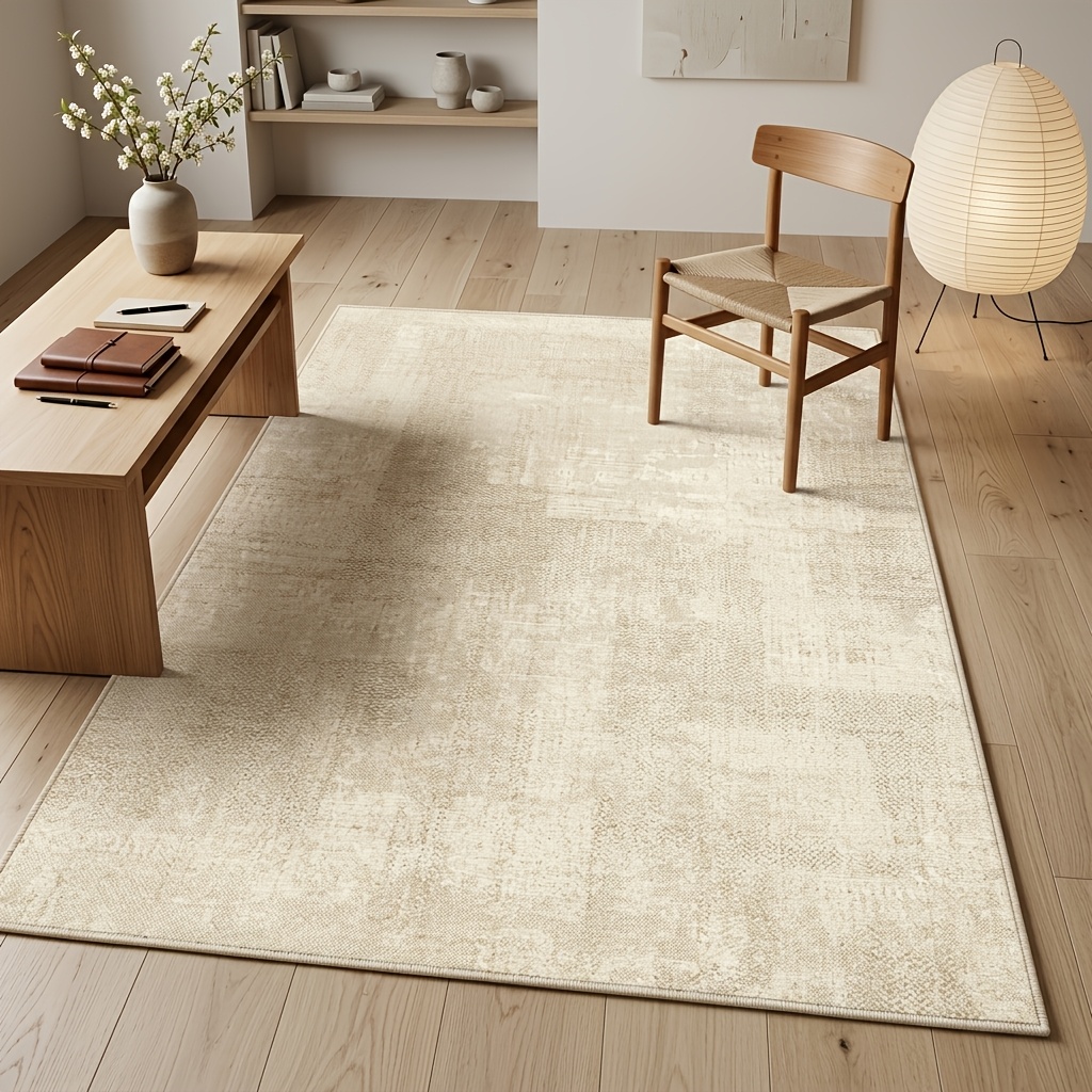 TEMU Velvet High-density Short Pile Home Decor Carpet Mat, - Style Rice-colored Textured Rug With Self-laminated Backing, Machine Washable, Suitable