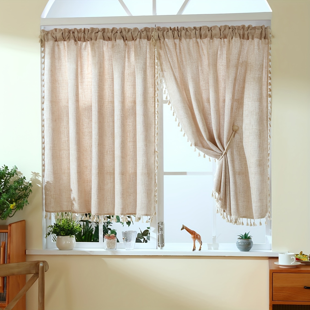 

Boho Style Tier Curtains - Set Of 2, Rod Pocket Kitchen Window Curtains With Tassel Trim, Light-filtering Linen Panels For Living Room, Bedroom, Cabinet Door Decor, Machine Washable, Polyester