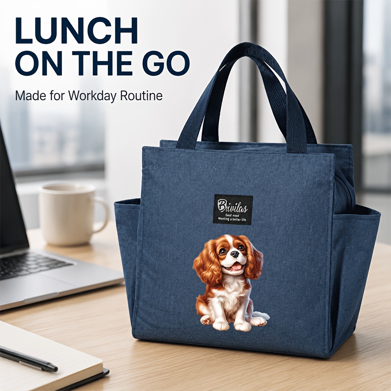 TEMU 1pc King Charles Spaniel Puppy Pattern Print Portable Thick Cooler Box Lunch Bag Tote Women's Food Storage Bag Portable Large Capacity Tote Bag