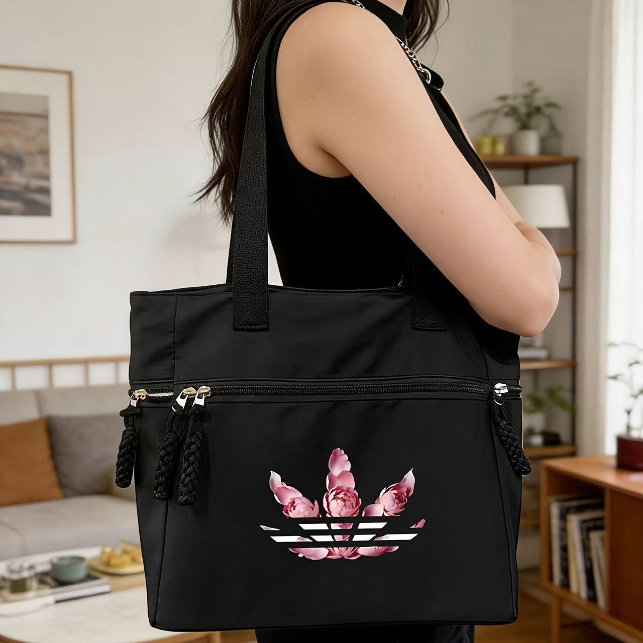 TEMU Clover Print, Black Nylon Tote Bag, Middle Zipper Adjusted At Will, Large Capacity Design, Casual Commuter Handbag