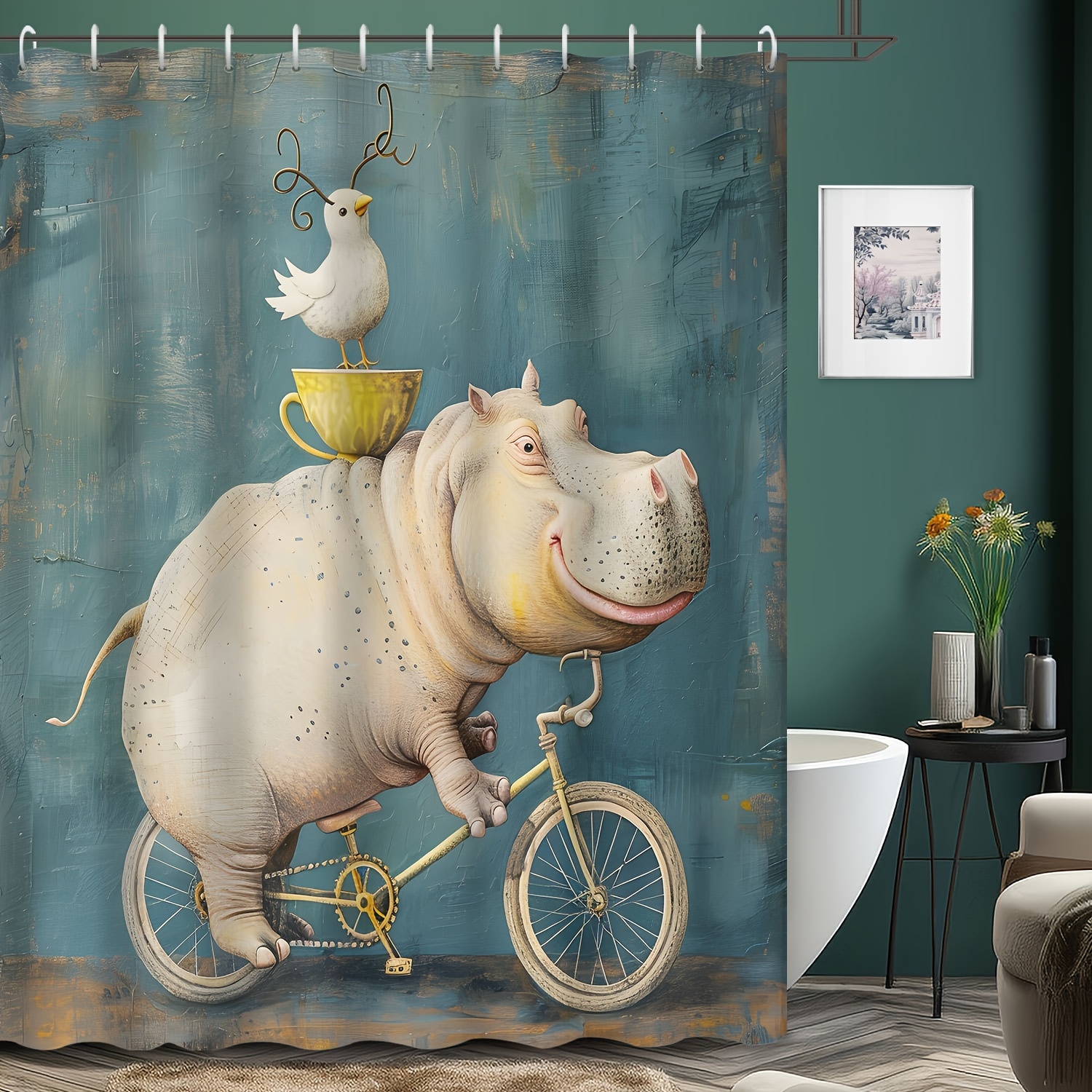 

Water-resistant Polyester Shower Curtain With Cycling Hippo & Bird Print - Machine Washable Animal-themed Bathroom Decor With 12 Hooks, Grommet Top, 72x72 Inches - Unlined Curtain