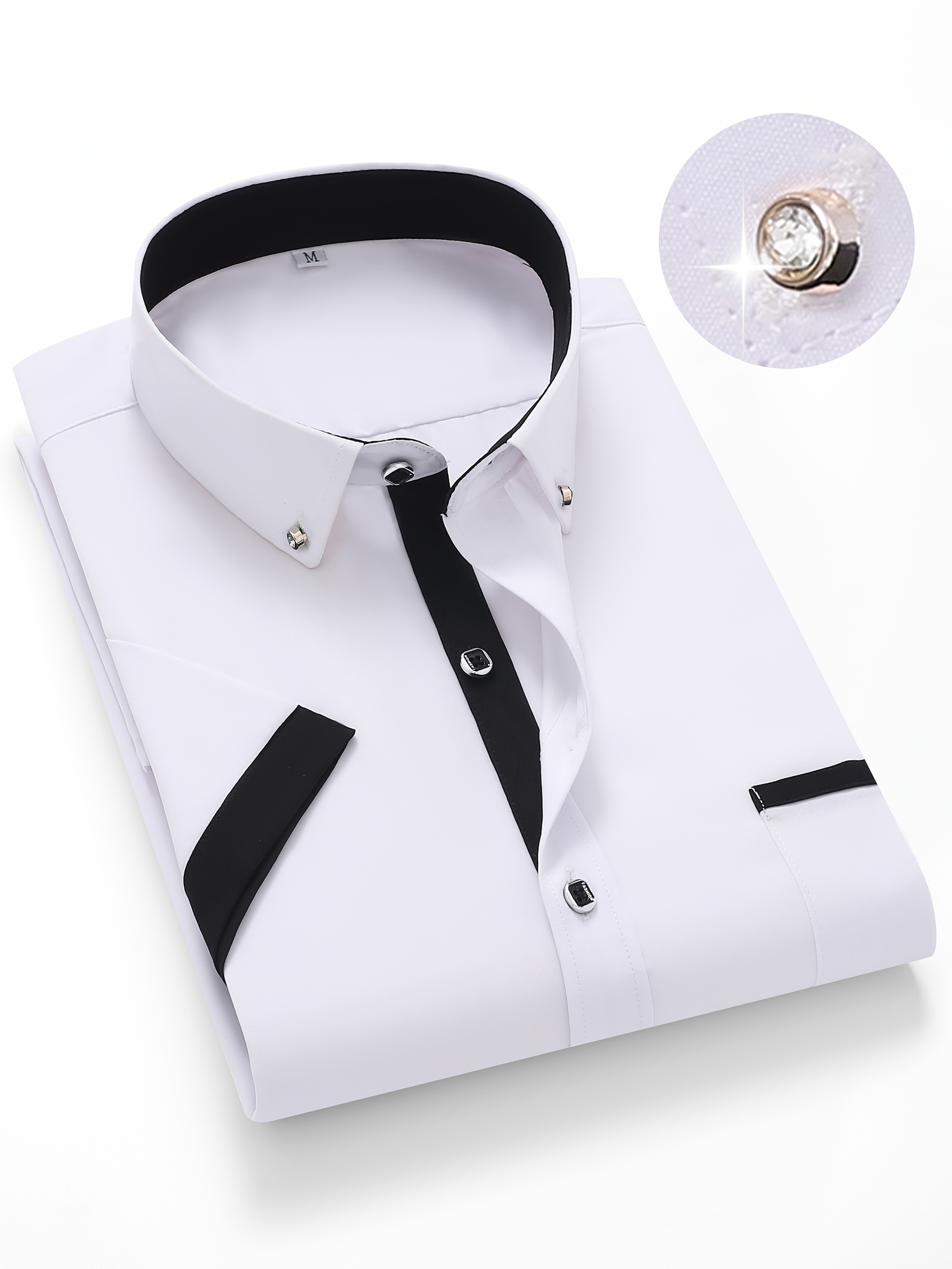 mens solid black short sleeve dress shirt collar diamond - Temu