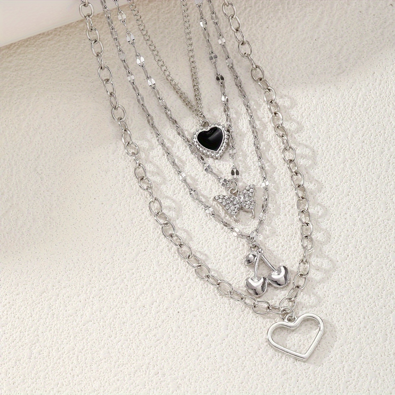 4pcs Elegant Shiny Rhinestone Butterfly Heart Pendant Necklace Set, Stylish Silvery Cherry Multi-Layer Layered Necklaces for Women, Trendy Daily Party Accessories