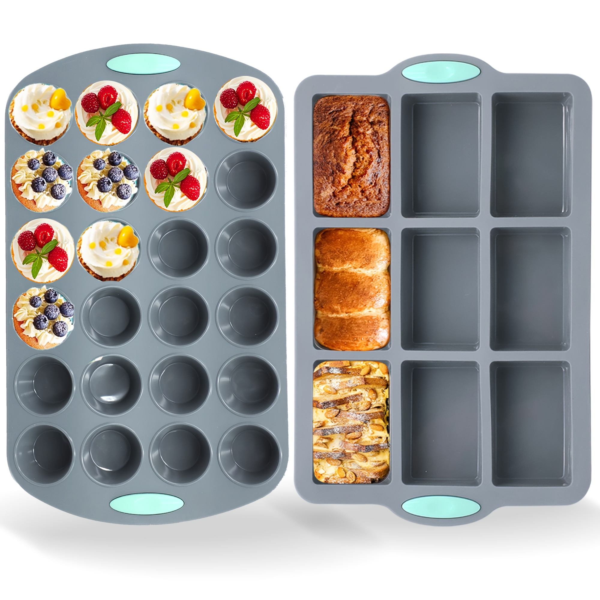 TEMU 1/2pcs Silicone Mini Loaf & Muffin Baking Mold, 9 Cavity Oblong Loaf Pan & 24 Cavity Pudding Muffin Pan, Bakeware, Oven Safe Cake Bread Brownie