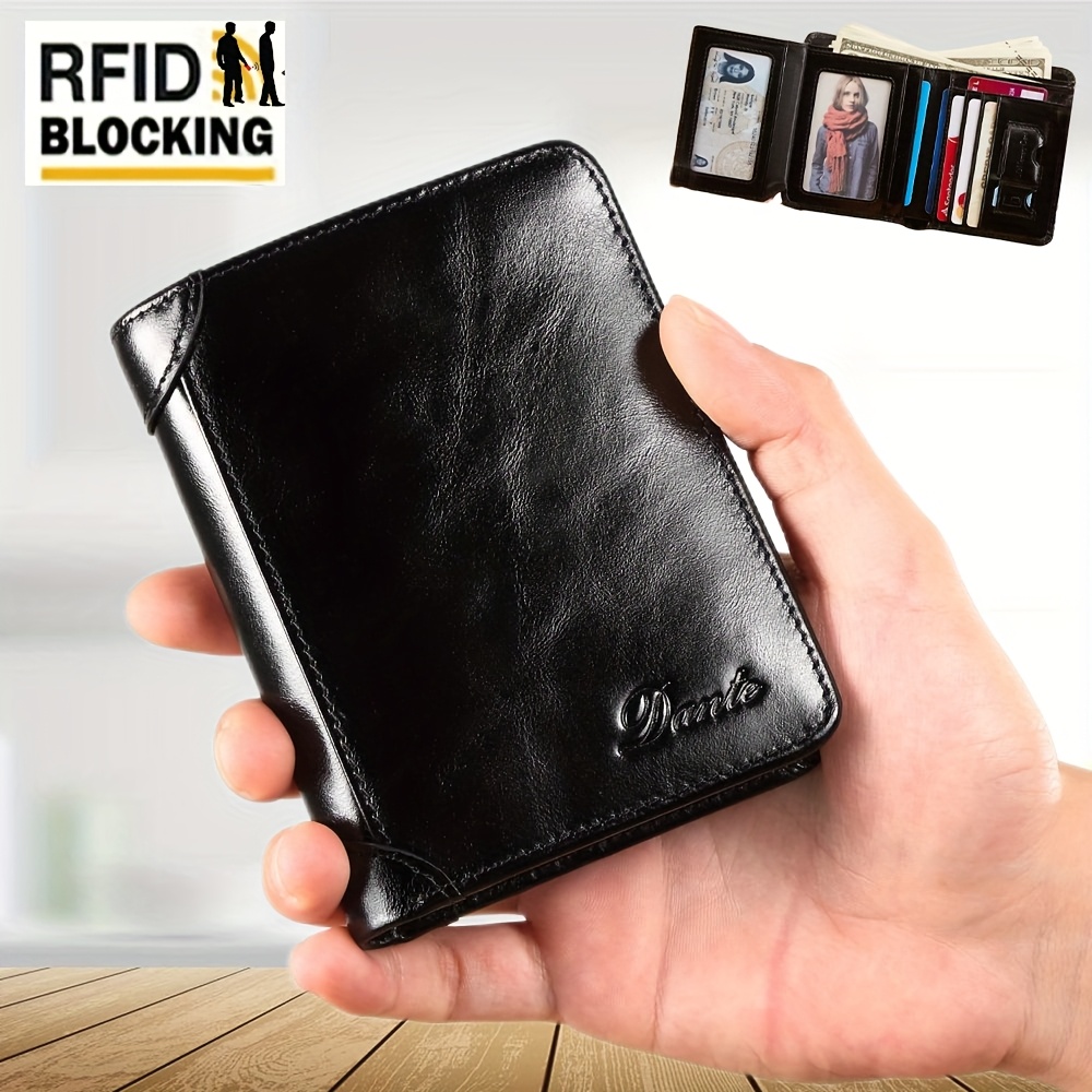 1pc *'s Genuine Leather Trifold Wallet, With ID Window Top Layer Cowhide  RFID Blocking Vintage Wallet, Multi Functional Credit Card Holder