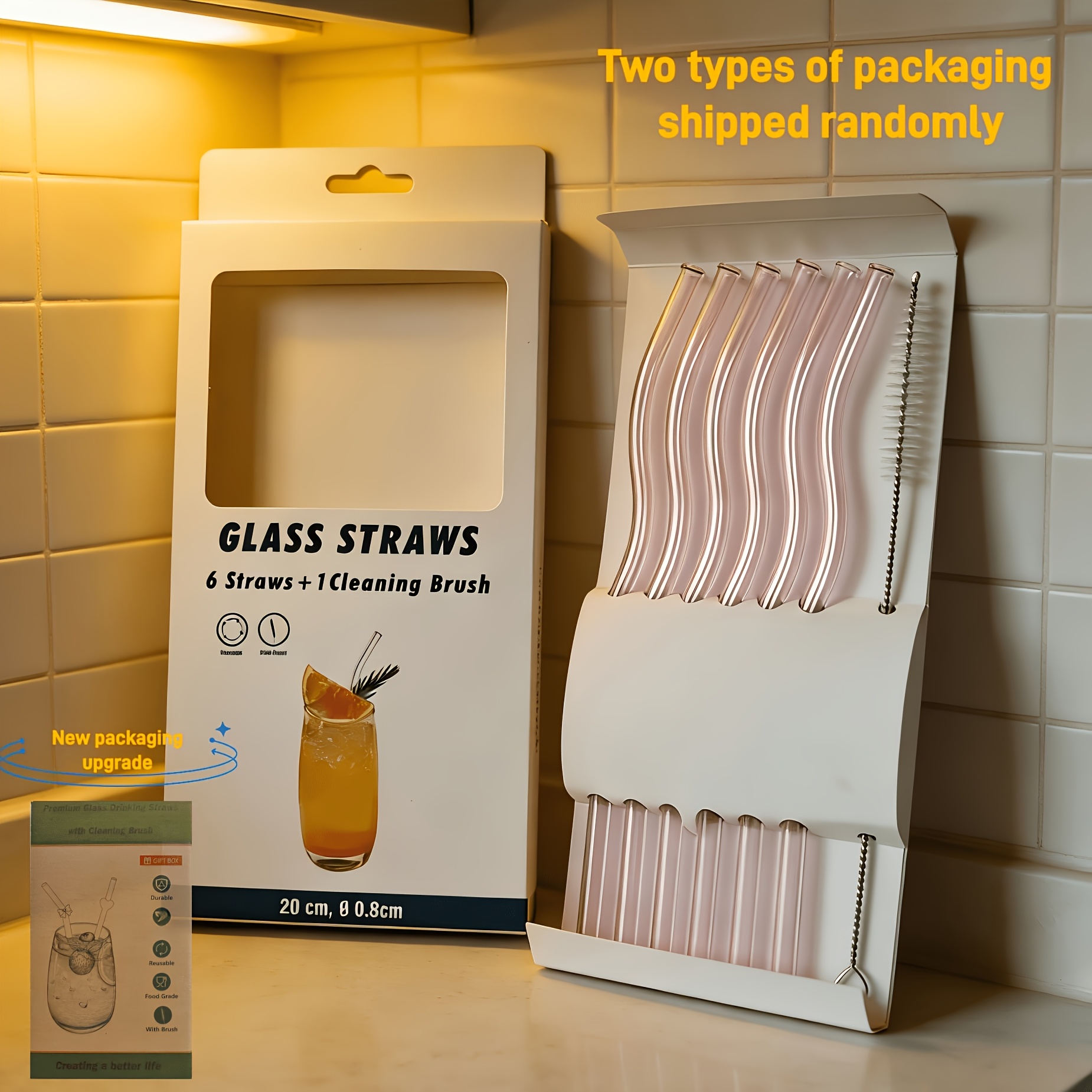 Image of 6-pack Wavy Glass Straws, 7.87"*8mm Reusable Colorful/ Straws With 1 Cleaning Brush-perfect For Juice, Tea, Coffee, Cocktails, , Perfect Valentine's Day Gift, Gift For Her