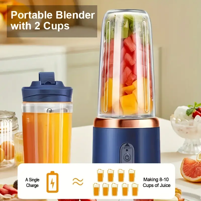 6 blade 2 in 1 portable blender and juicer with compact juicer cups usb rechargeable 13 4oz dual cup capacity ideal for fruits and vegetables durable ppsu material round shape home use and wholesale details 3