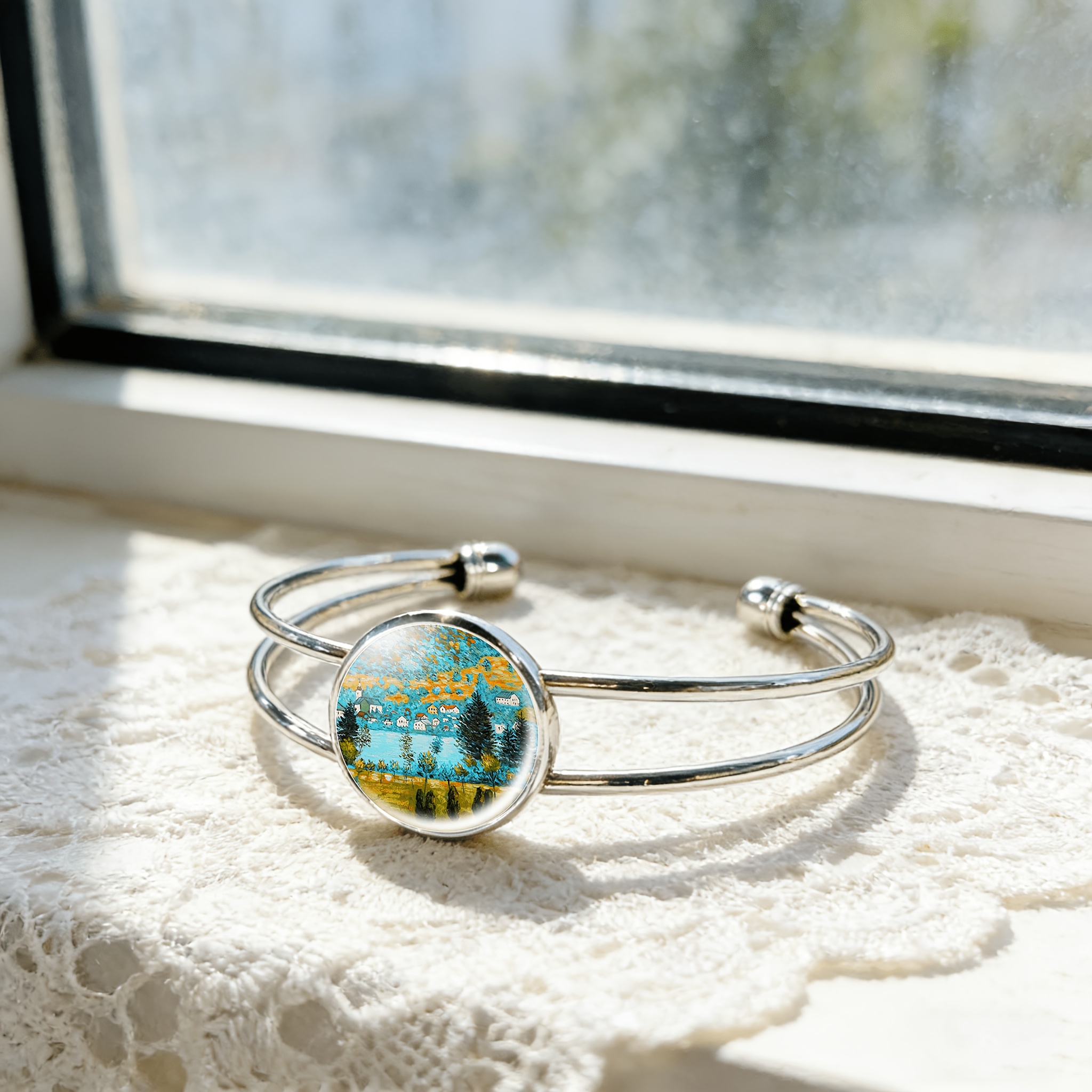 Adjustable Open Bangle with Colorful Village Scene