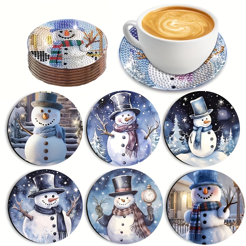 TEMU 6pcs Set/christmas Cute Snowman Pattern Diamond Painted Wooden Coaster, Creative Diamond Painted Coaster, Holiday Gift "without Stand"