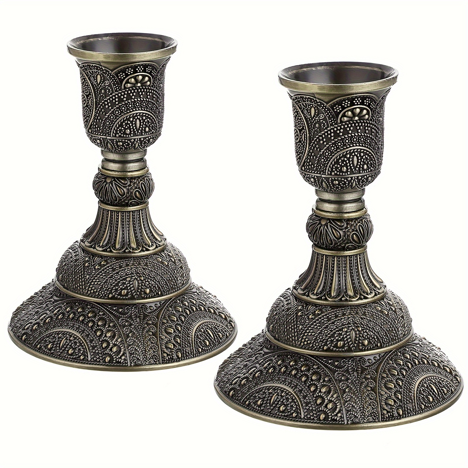 

Vintage Metal Pillar Candle Holder Set Of 2 - Intricate Design Tabletop Candleholders For Wedding Centerpieces, Home Decor - Elegantly , Ideal For Dining & Living Room