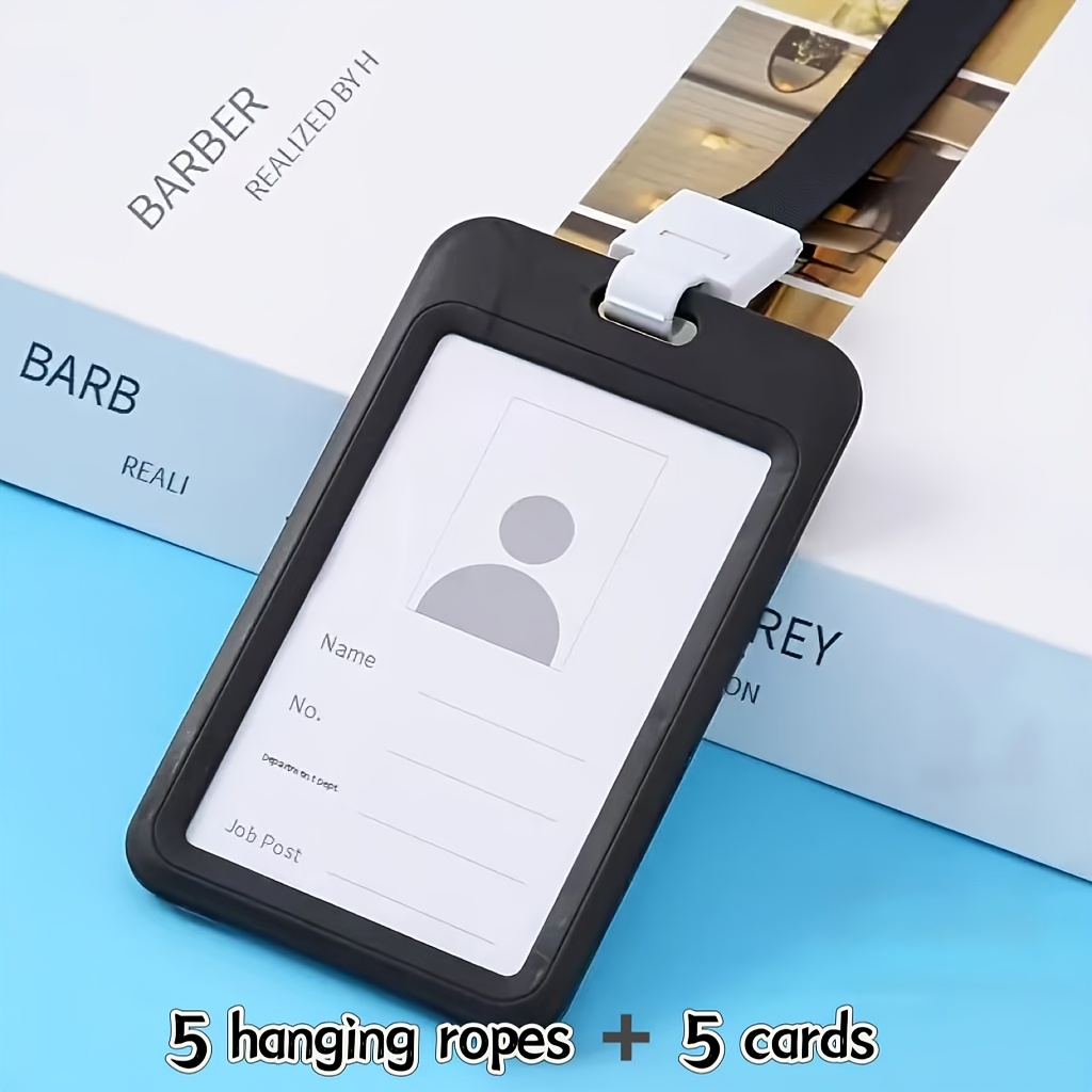 Image of 2d 10pcs (5pcs Black Card + 5pcs Lanyard) Double-sided Vertical Id Card Holder With Lanyard - Id , With Double-sided Window Vertical Hard Plastic Black Protective Bag, Suitable For Office