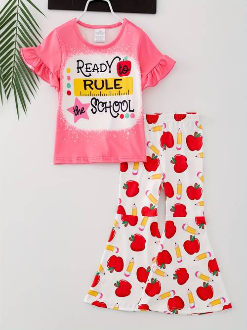 stylike girls school letter ready to rule stationery star random elements printed lace short sleeve loose fitting flared pants set in multiple colors outdoor