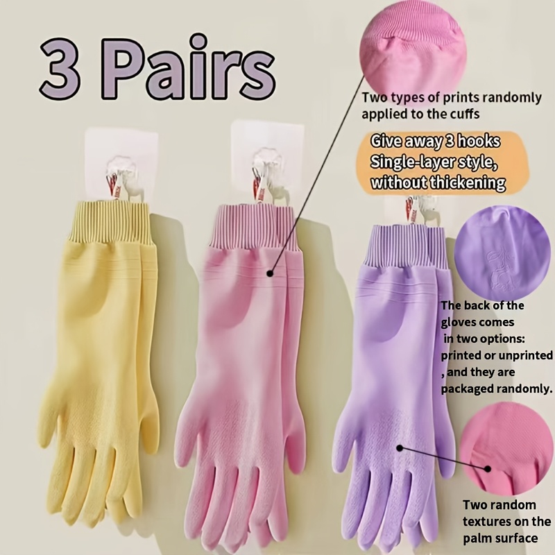 TEMU 3 Sets Pvc Dish Gloves Thickened Single Layer (with 3pcs Hooks), Thickened Lining, Threaded Elastic Cuff Design, Suitable For Home And Kitchen,
