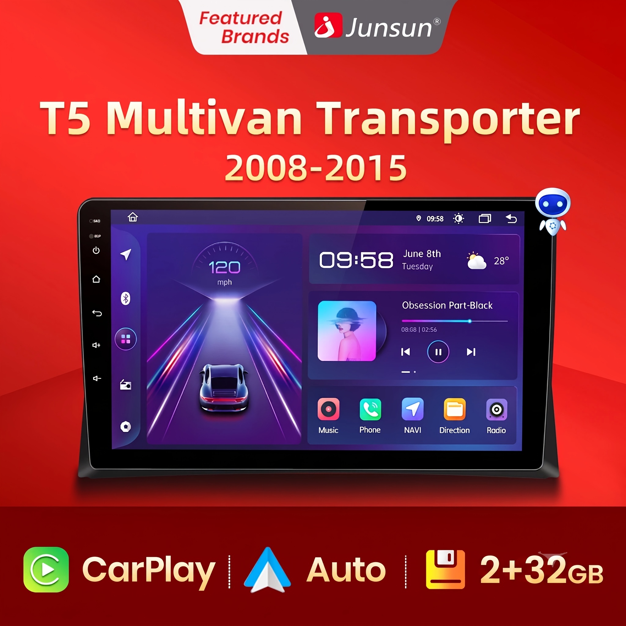 Image of Junsun 2gb+32gb 8core 9 Inch 14 Multimedia Player For Vw T5 2003 2004 2005 2006 2007 2008 2009 2010 2011 2012 2013 2014 2015 Touch Screen Car Stereo With Auto 4g Lte Fast Internet Gps .