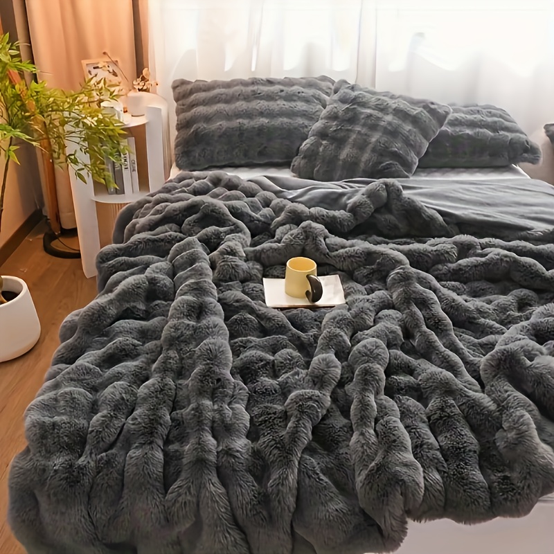 ultra soft plush throw blanket thick reversible bubble fleece for travel sofa bed home decor machine washable     in white details 3