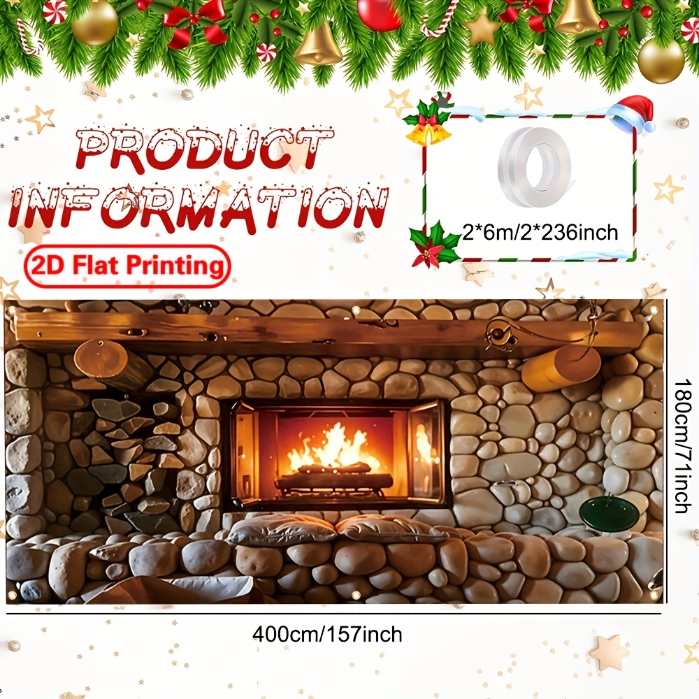 TEMU Ein 2D flaches, bedrucktes Banner-Flagge für Weihnachten, Größe 157X71 Zoll, mit einem -Feuer-Design aus Polyester. Ideal zur Dekoration Ihres
