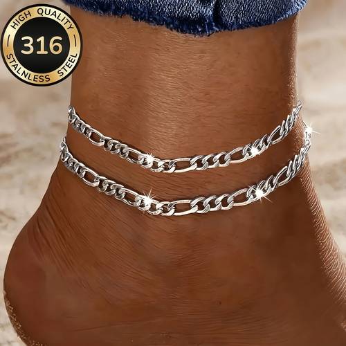 2er-set hypoallergene, hochwertige damen-fußkettchen aus 316 edelstahl mit stabilem karabinerverschluss - kubanische kette - wasserdichtes fußkettchen, elegante, schöne, süße, modische, luxuriöse, für damen-geburtstage, urlaube, partys