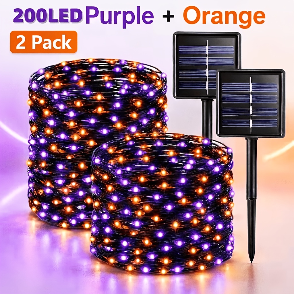 TEMU 2/1pc Halloween Solar String Lights, 78/39ft 200/100 Led Wire Fairy Lights With 8 , Orange Purple & Purple Lighted Holiday Displays For Garden,