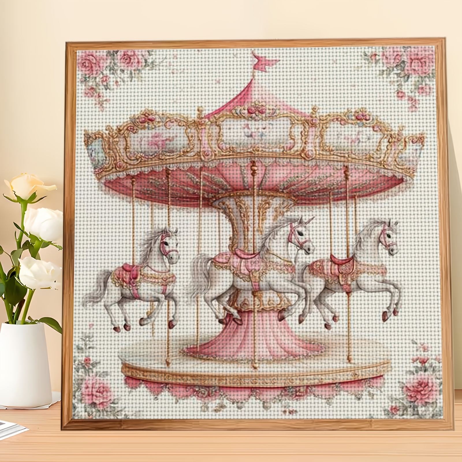TEMU 1pc Diy Stitch Print Kit, Frameless, " Carousel" Pattern, Perfect For Beginners' Relaxing Craft Time, Allows You To Experience The Full From