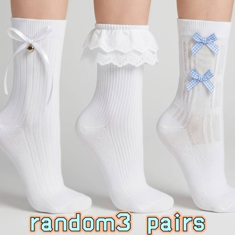TEMU 3 Pairs Of Mid-calf Socks In Random Mixed Colors, Sweet And Cute Slouch Socks With Double Bows, Lantern Casual Socks