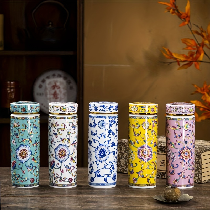 1pc chinese style enamel ceramic insulated travel mug double walled reusable coffee tea cup with lid hand wash only round shape flower pattern multipurpose adult ideal for home and outdoor use 1