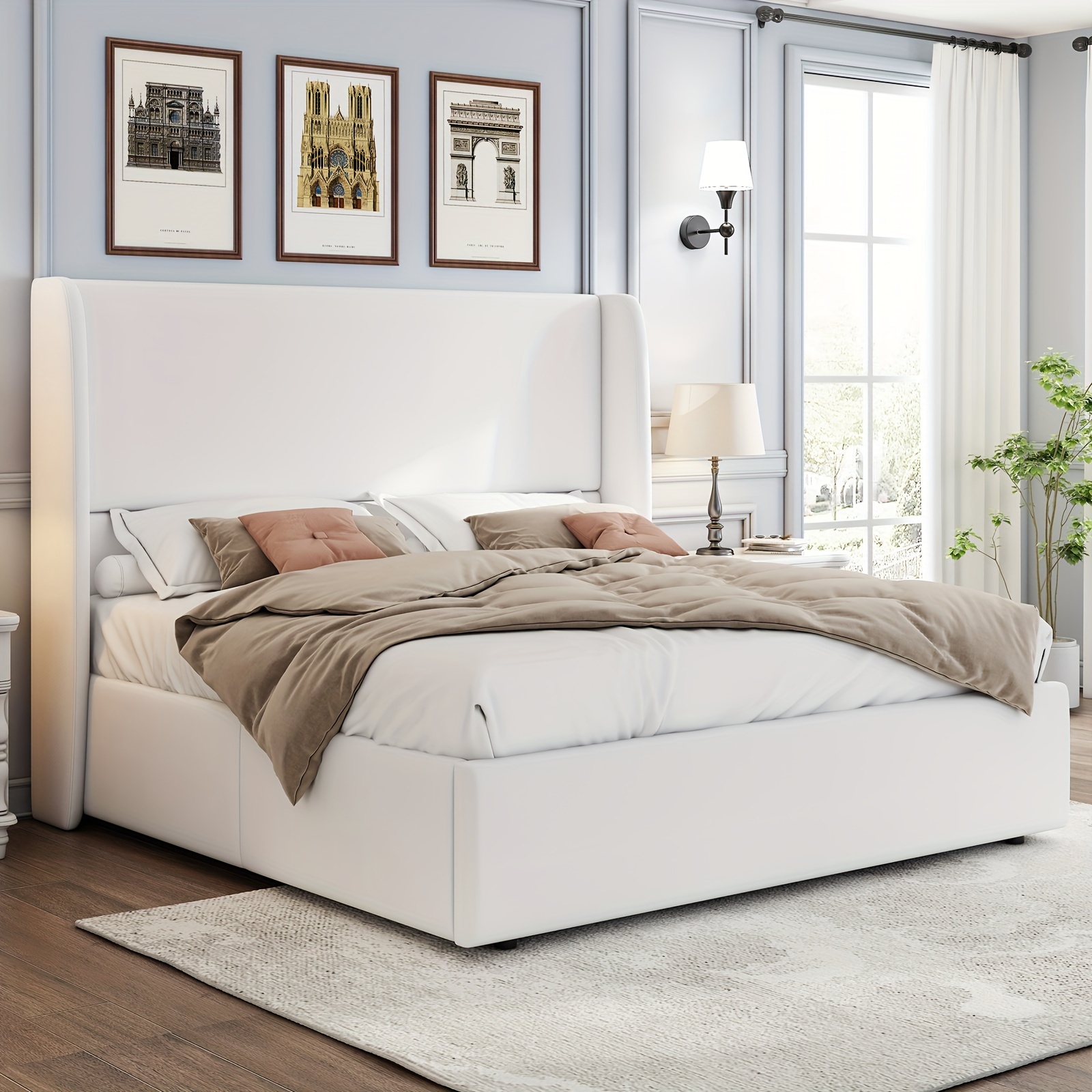 TEMU Lit de Rangement Rehausseur Queen Size, Chambre à Coucher sur Plateforme Rembourrée avec Rangement Hydraulique
