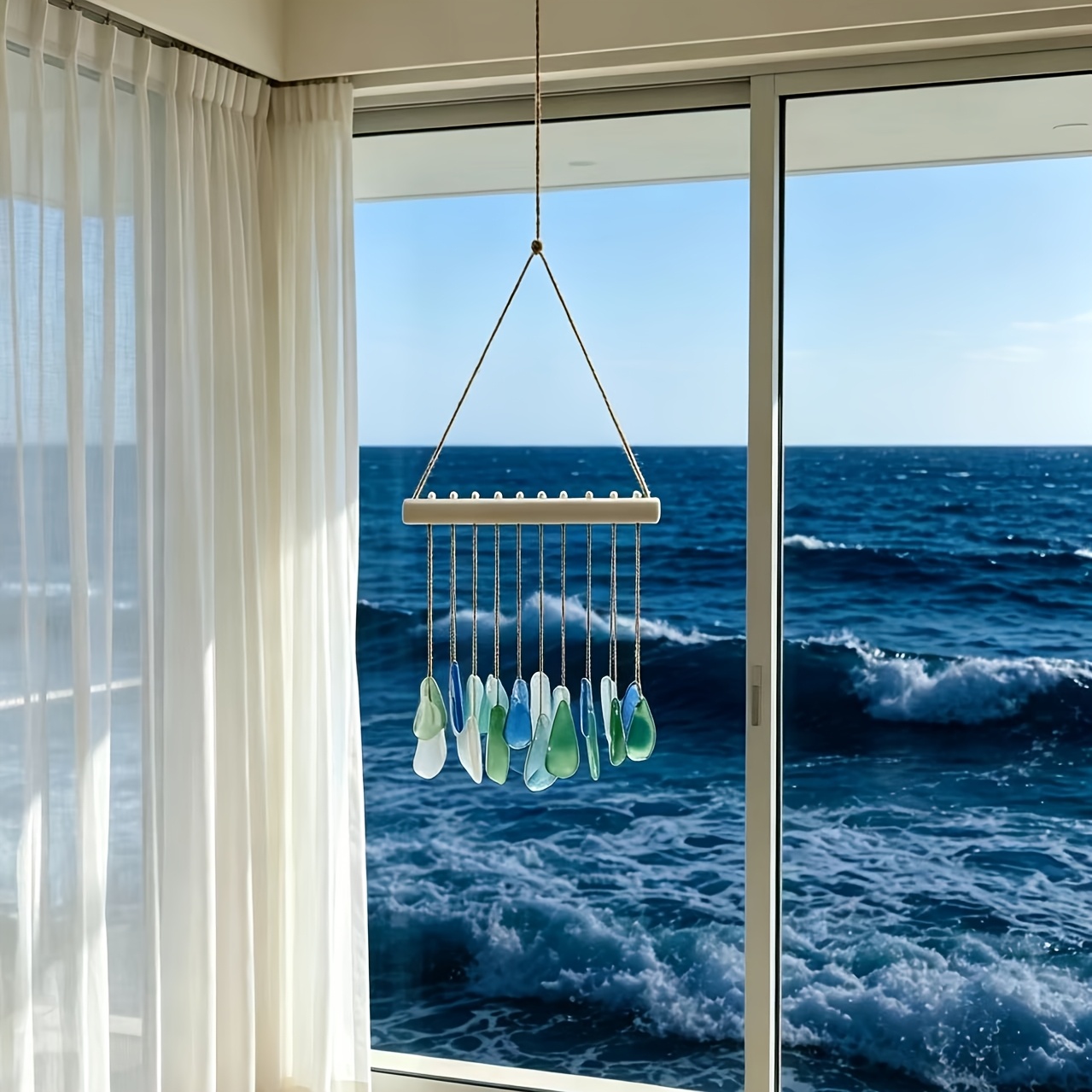 Image of Ocean Sound Wind Chime, Gentle Sea Glass , Handmade Sea Glass, Beach Atmosphere Decor For Window Patio Bedroom